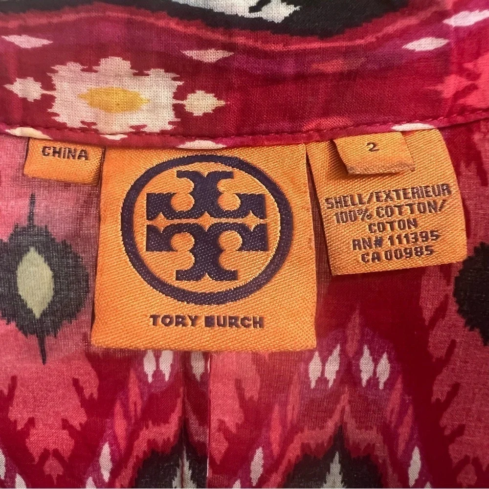 Tory Burch Women's 2 Cotton Ikat Print Long Sleeve Blouse Tunic Red Boho Resort